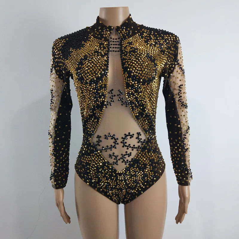 

Gold Rhinestones Dance Leotard Sexy Mesh Perspective Crystals Bodysuit Women Singer Dancer Stage Wear DJ DS Performance Costume