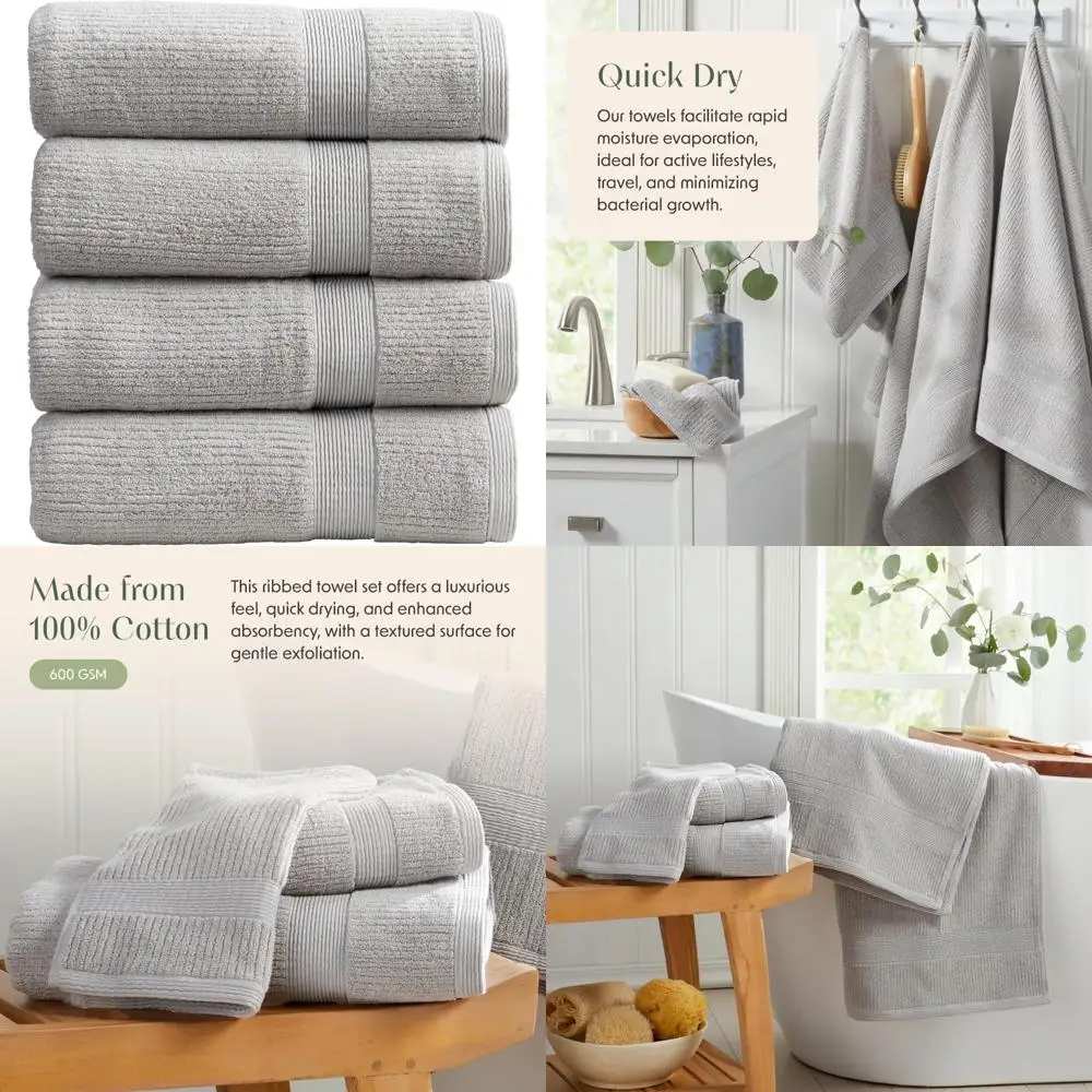 

Ribbed Textured 100% Combed Cotton Bath Towels Set, 4-Piece, Absorbent Quick-Dry Gray Towels for Bathroom Use