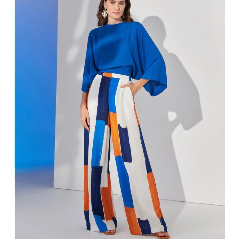 

Ele Loose Commute Blue Top High Waist Wide Leg Pants Set Women's Faion Outerwear Spring Season Long Pants Seven Sve