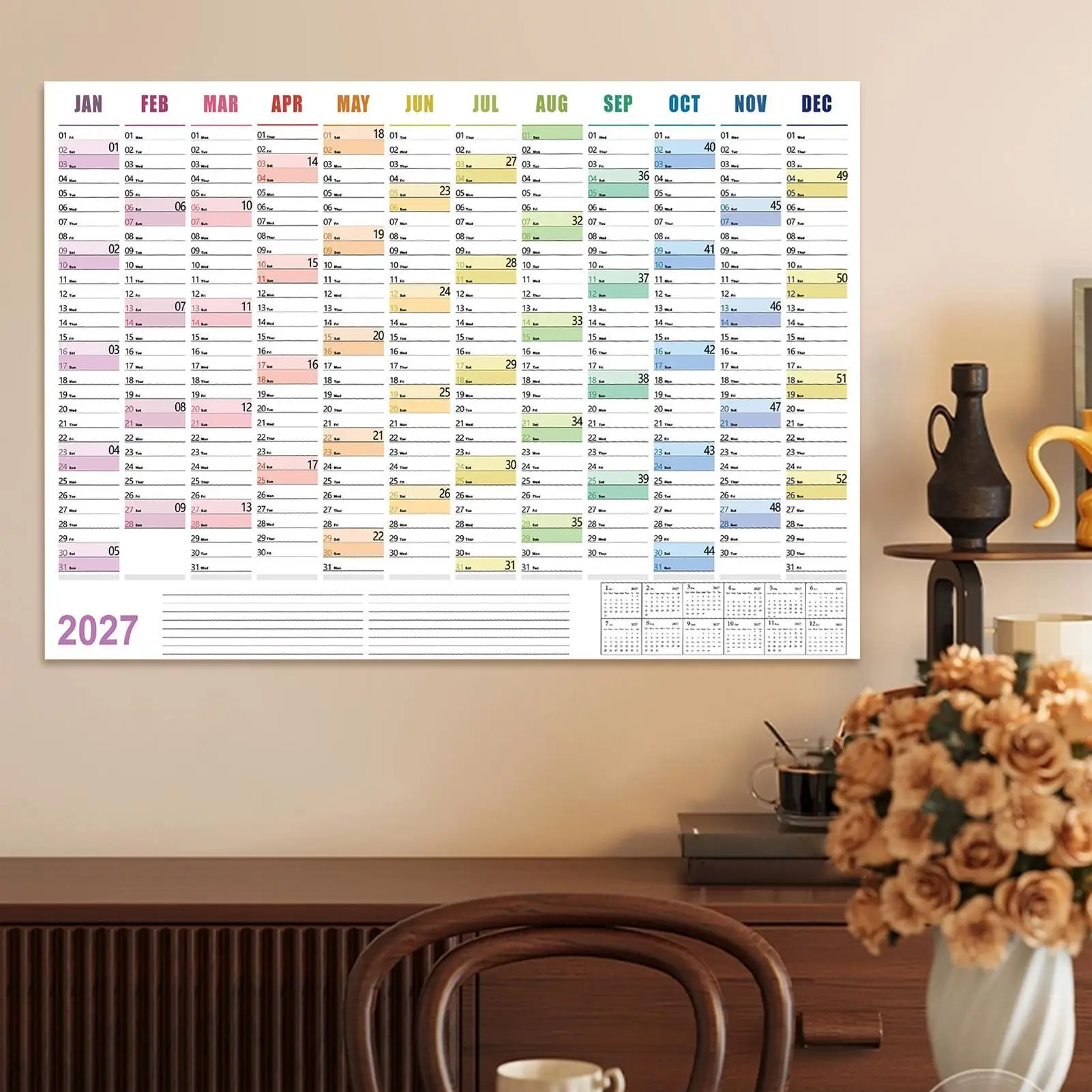 Yearly Wall Calendar Thick Paper Double-Sided Colorful Labels 12 Months Annual Yearly Wall Planner For Apartment Bedroom Living