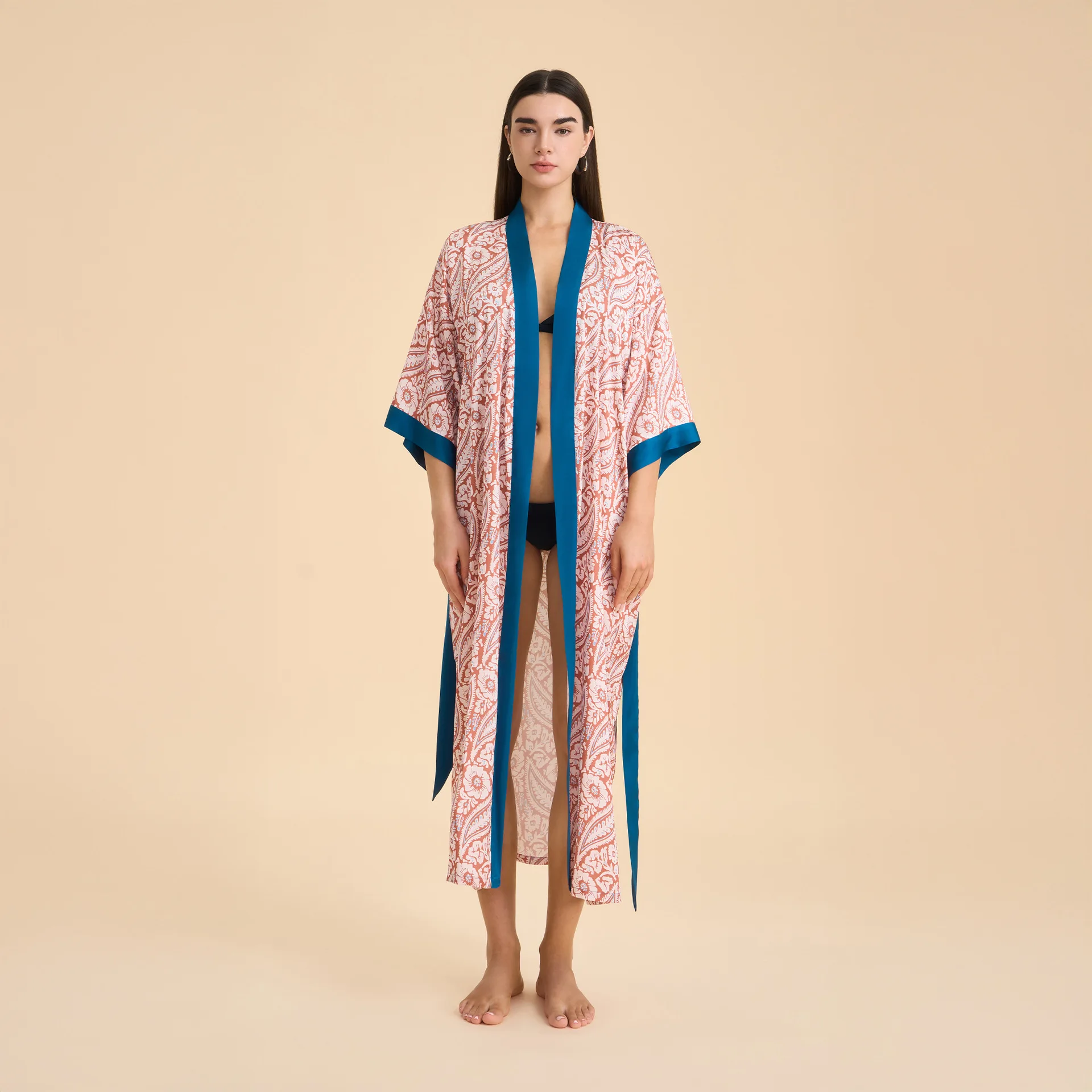 Spring Summrer Female Long Robe Sleepwear Print Kimono Bathrobe Gown Half Sleeve Nightgown Loose Satin Home Dress Lounge Wear 4
