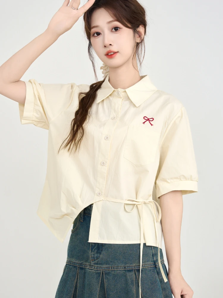 

Preppy Style Blouses Puff Sleeve Turn Down Collar Bow Embroidery Lace Up Irregular Shirts Summer Design Sweet Women's Clothing