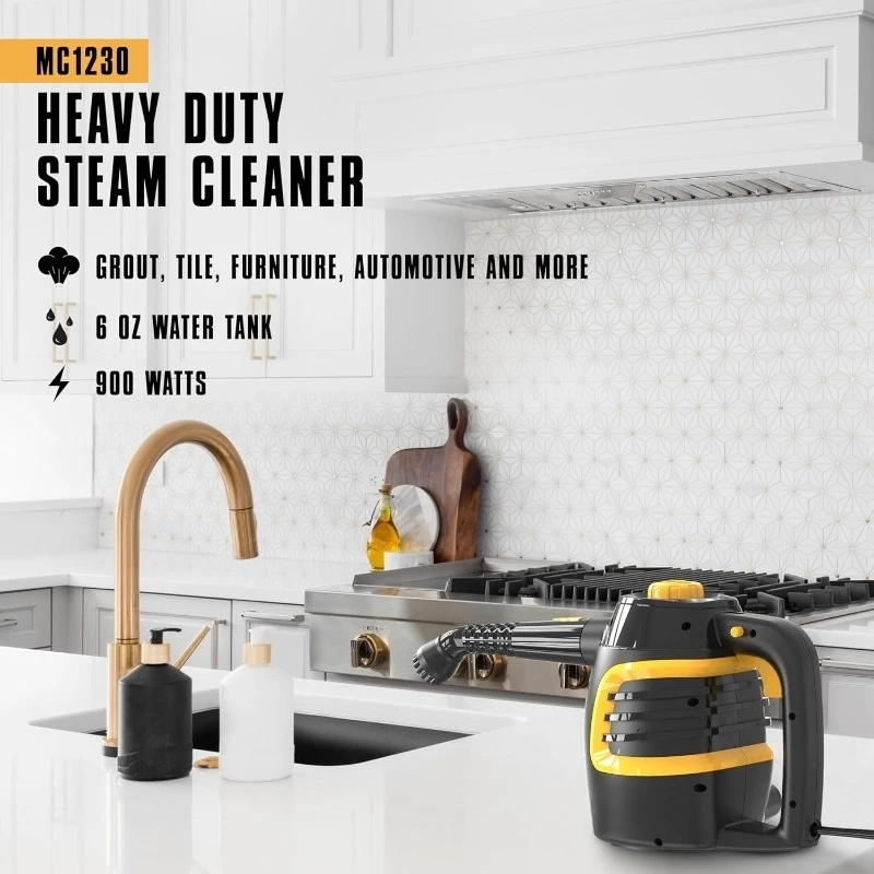 Limpiador a vapor portátil MC1230, tiempo de eje de 10 minutos, 11 accesorios: boquilla de chorro, cepillos y más, construido para el hogar, azulejos
