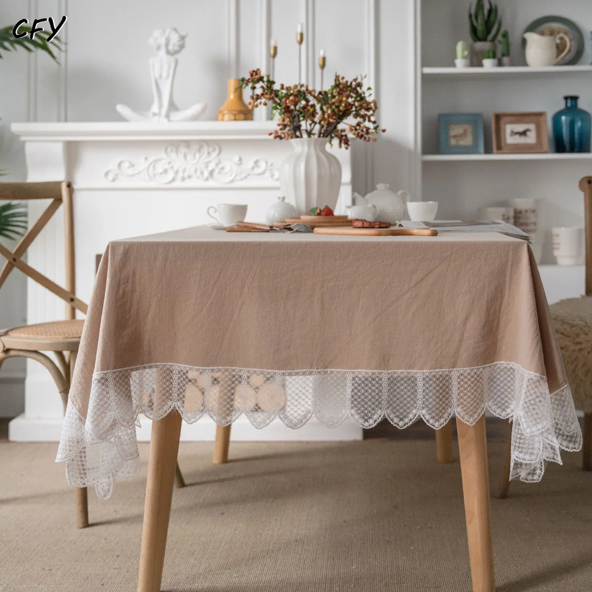 

Cotton and Linen Solid Khaki Holiday Lace Rectangular Tablecloth Tea Table Pad Meal Cloth Photo Background Cloth