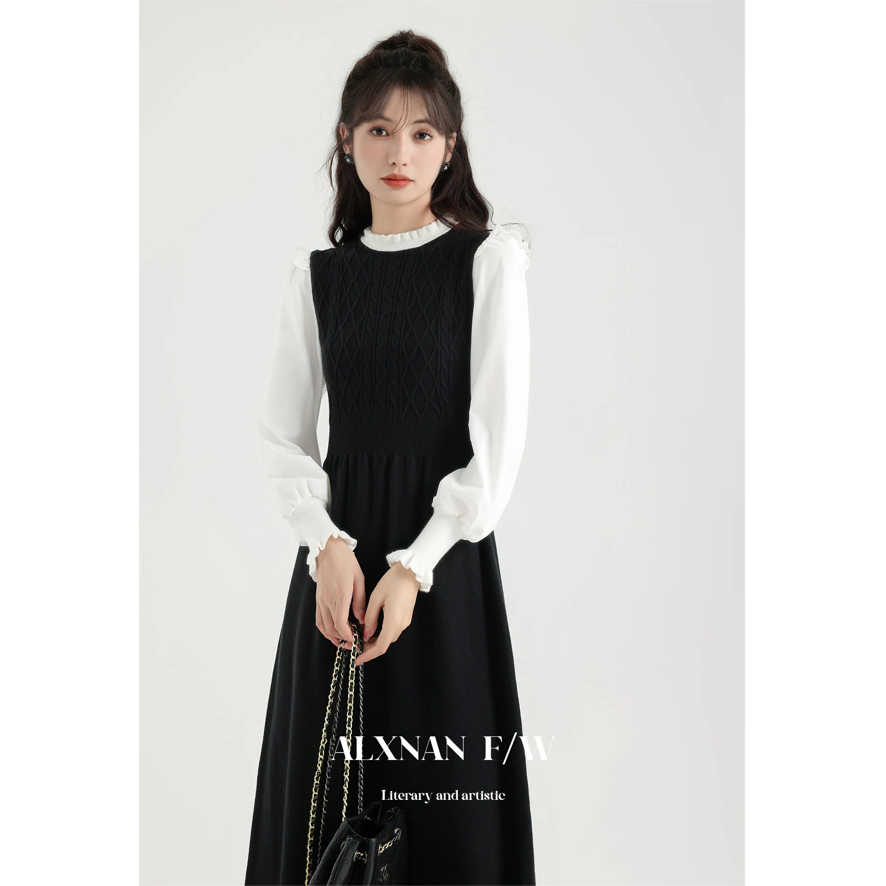 

ALXNAN Long Knitted Patchwork Dress Fake Two-piece Vintage Fall College Style Long Dresses Elegant Office Lady Clothing LXN27610
