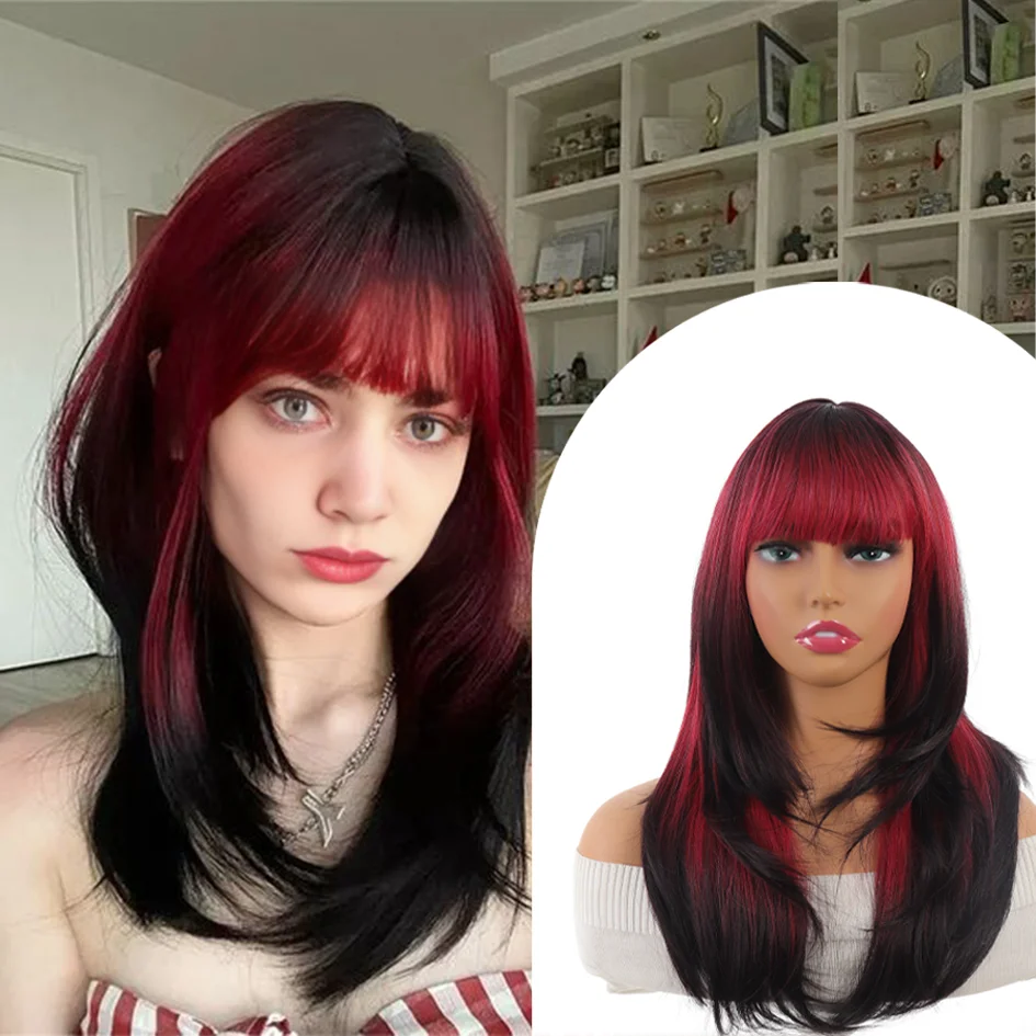 

Synthetic Women's 22 "dyed collarbone hair cover, Red wig red highlights black + black interlace, party cosplay Halloween