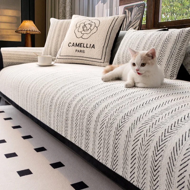 Chenille Striped Sofa Seat Pad for All Seasons Universal Non-slip Sectional Couch Cover Light Luxury Sofa Towel Home Decor