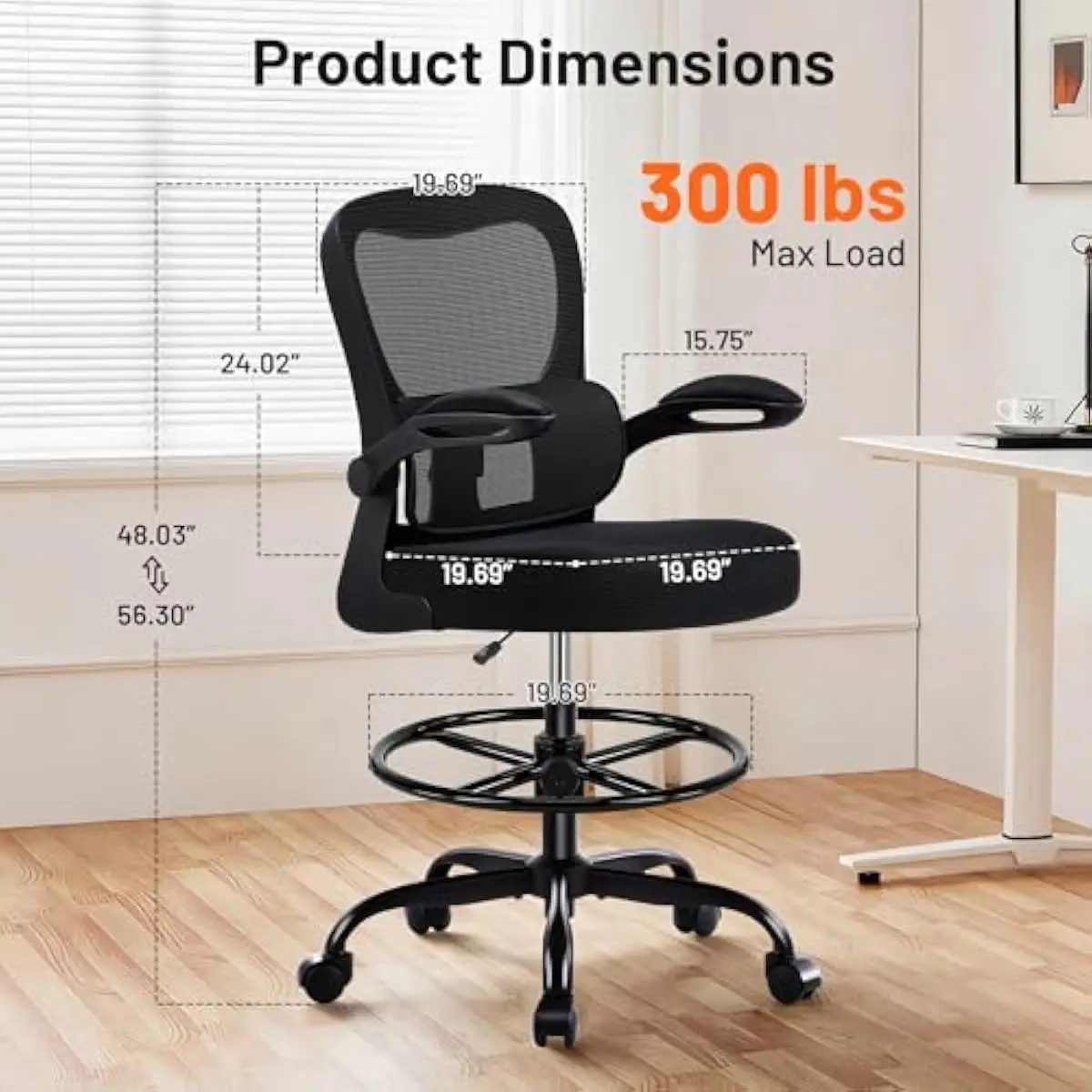 Ergonomic Drafting Chair with 3D Mesh Back and High-Density Foam Seat • Adjustable Height Foot Ring • Flip-Up Armrests • SGS-Cer