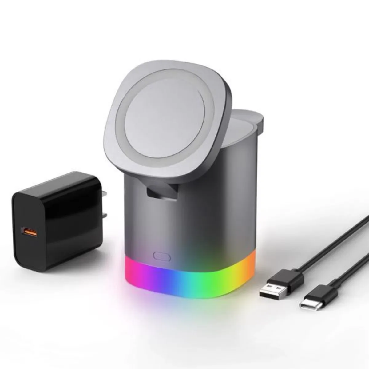 3-in-1 Charger Stand Foldable Wireless Charging Stand with Night Lights Wearable Magnetic Charger Dock for iPhone AirPods