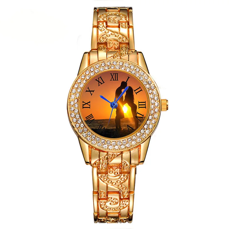 Women Rhinestone Case Small Dial Fashion Alloy Quartz Watch Photo Print Custom Design Face Wristwatch