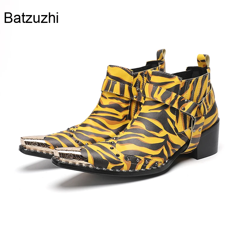 

Batzuzhi Punk Rock Men's Boots Shoes Pointed Toe 6.5cm High Heels Yellow Leather Ankle Boots Man, Big sizes 38-46