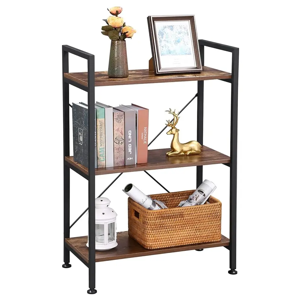 

37"" H 3 Tier Bookshelf, Rustic Small Book Shelf For Small Spaces, Brown Wooden Shelves For Bedroom Living Room And Home