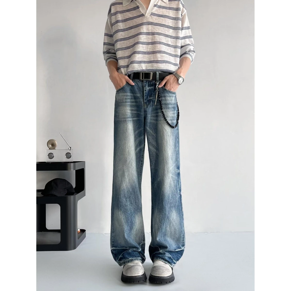 

Мужские джинсы с талией, повседневные прямые брюки для похудения, модные прямые брюки-трубы со средней талией, на молнии, хлопок, полиэстер...