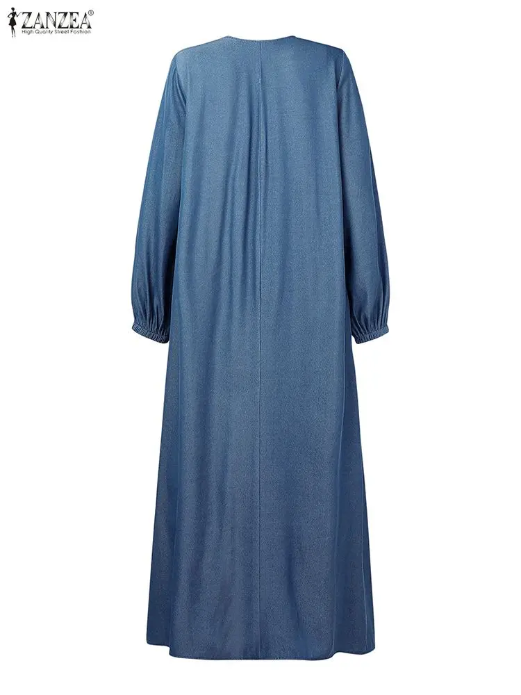 ZANZEA فساتين طويلة متواضعة تشبه الدنيم للنساء حجاب برقبة دائرية وأكمام واسعة نصف أزرار فستان ماكسي فضفاض لخريف 2025 ملابس نسائية #5