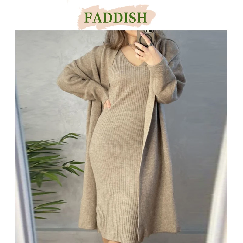 FADDISH 2024 New Women Fashion Loose Sweater Cardigan + Autumn Winter Solid Color Casual V-Neck Pullover Dress Set Female