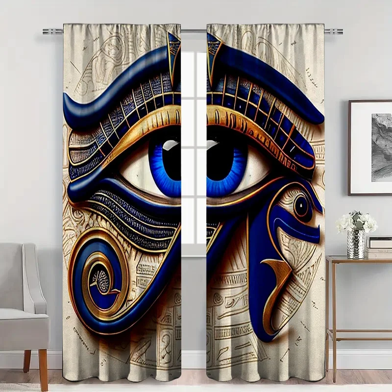 2pcs Egyptian Eye of Horus Curtains with Rod Pocket, Navy Blue Gold Symbolic Print Sheer, Mystical Theme for Statement Wall