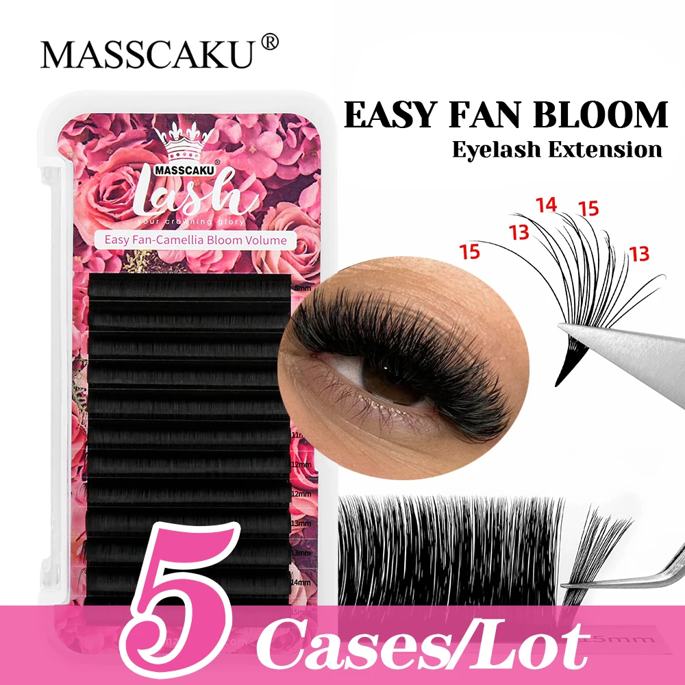 MASSCAKU New Arrival 5cases/lot Matte Dark Black Fluffy One Second Flowering Lash Natural Auto Fanning Lashes with Rich Styling