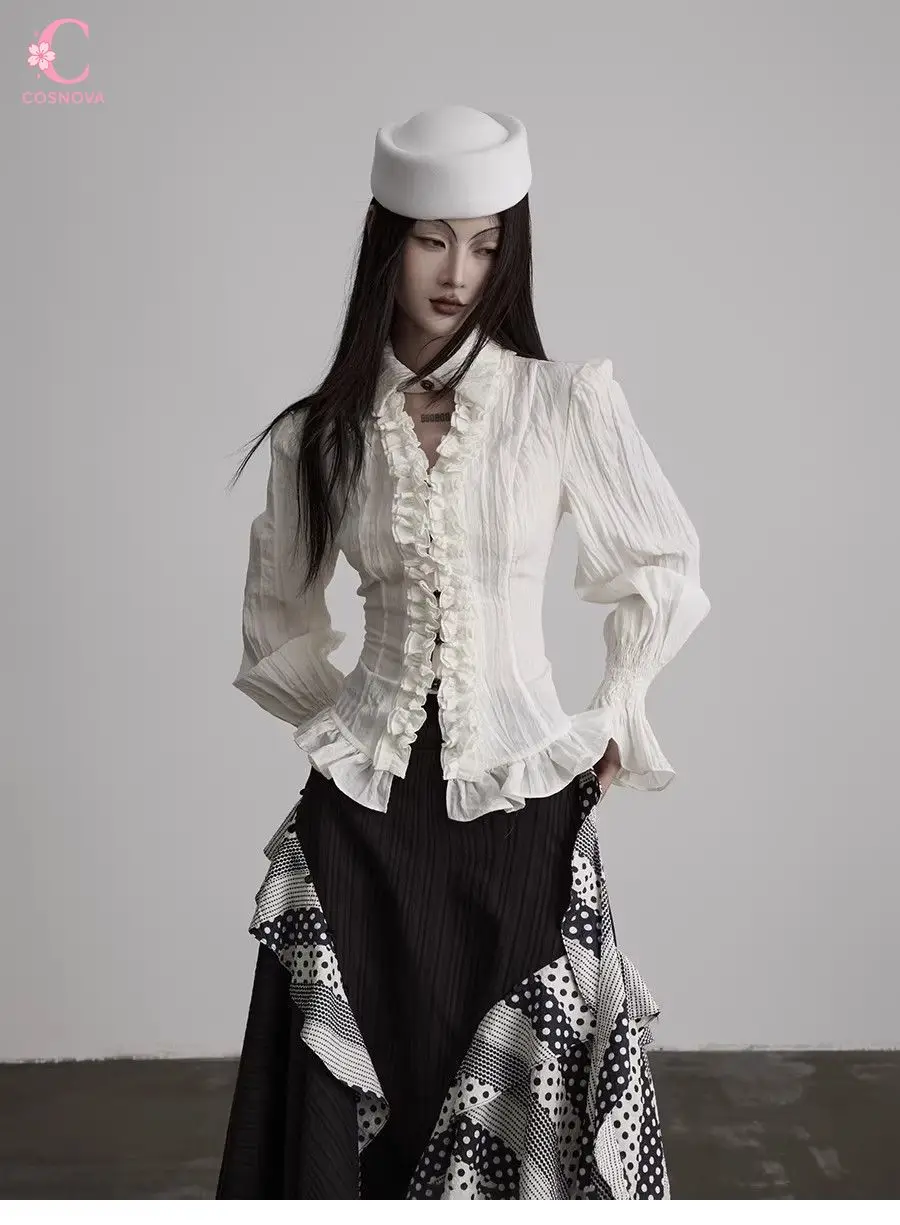 

Elegnat Gothic Victorian White Ruffle Blouse Women Lace Up Waist Bell Sleeve Shirt Vintage Harajuku Alt Y2k Outfit Chic Retro