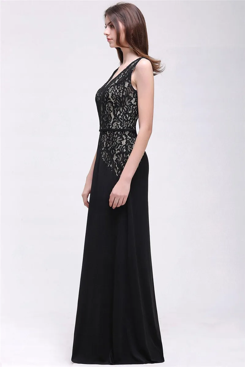 Elegant Black Lace Long Evening Dresses A Line Sexy V Neck Formal Occasion Party Sleeveless Prom Gowns For Bride Vestido De Gala