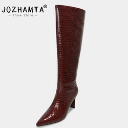 JOZHAMTA Size 33-40 Knee High Boots For Women Stone Pattern Leather High Heels Winter Shoes 2025 Sexy Office Lady Long Booties