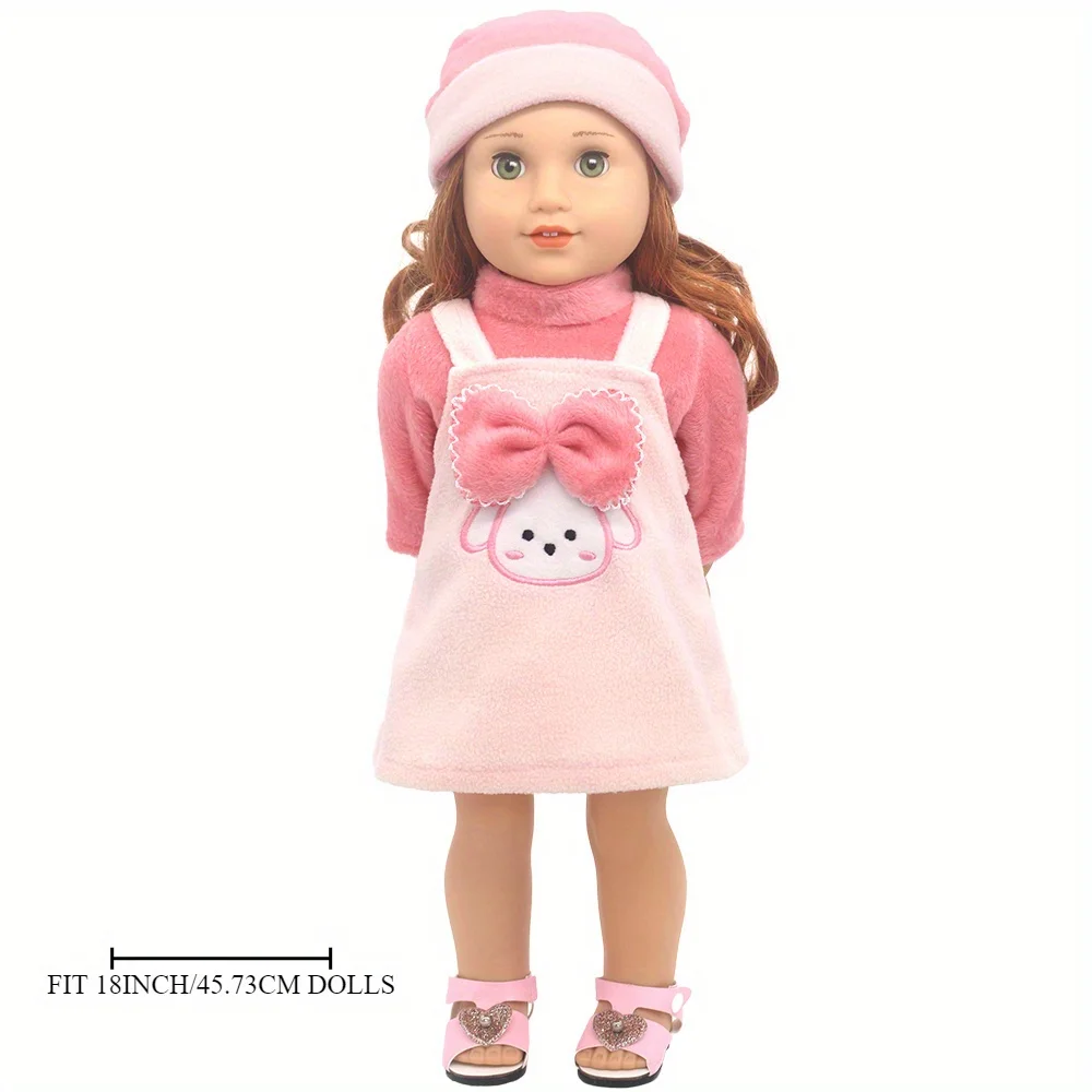 Girl doll clothes suitable for 18-inch American dolls (product does not include doll and shoes) Pink bow rabbit plush skirt set