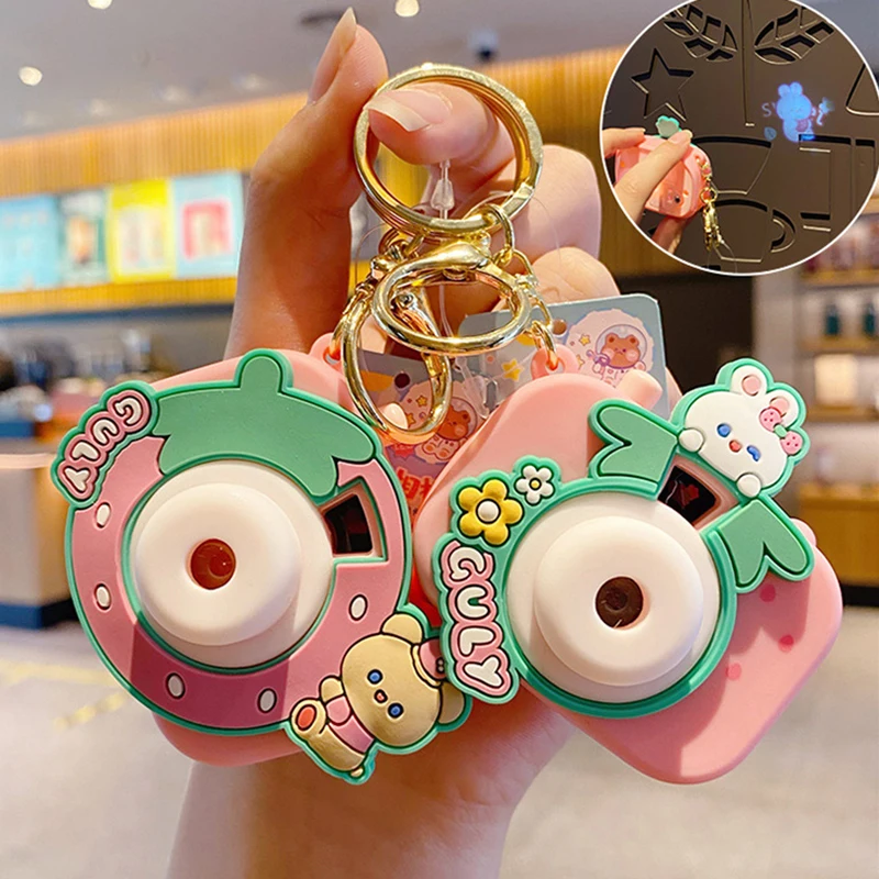 Creative Strawberry Projector Rabbit Camera Key Chain Cute Cartoon Projecting Eight Photo Bear Doll Keychain Couple Bag Pendant