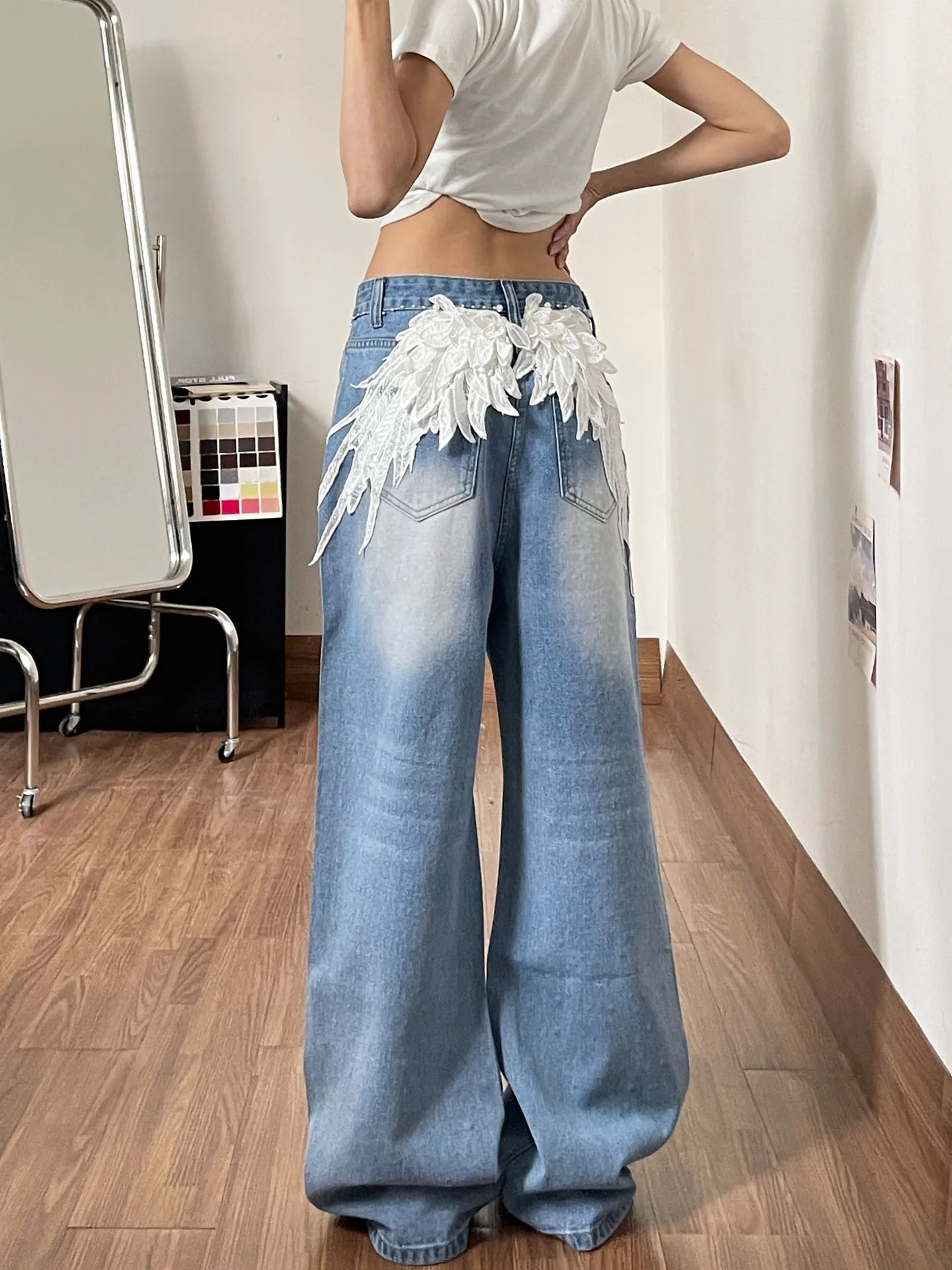 

High Waist Loose Wide Leg Jeans Women's Spring 2026 New Style Embroidered Washed Hole Korean Version Long Floor-Length Pants