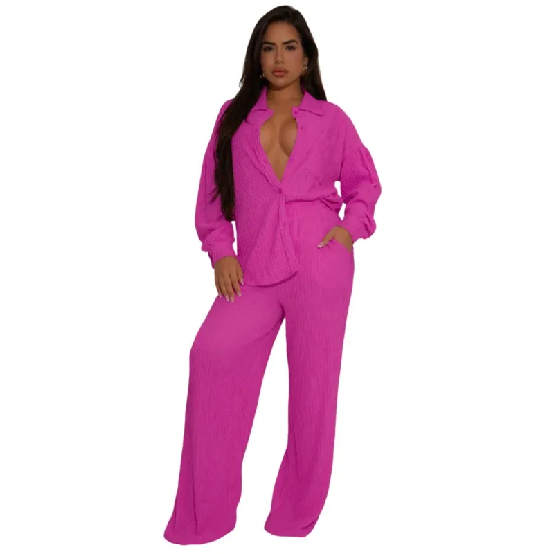 Spring Autum Solid Textured Shirt 2 Piece Set For Women's Casual V-neck Button Long Sleeve Shirt High Waist Wide Leg Pant Suit