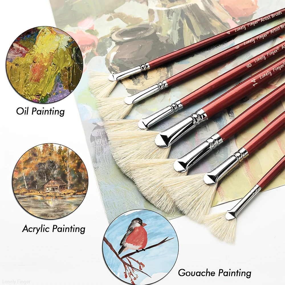 

Веерная кисть для рисования, набор вееровых кистей из 7 предметов с натуральной щетиной свиньи и длинной деревянной ручкой, профессиональная веерная кисть для художника