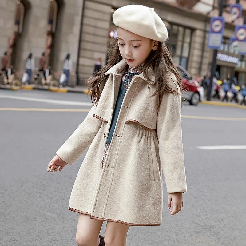 Winter Beige Thick Long Jackets Little Kid\'s Girls Coat Breasted Woolen Overcoat Cotton Trench Jackets Teenage Girl Coat 2-16Y