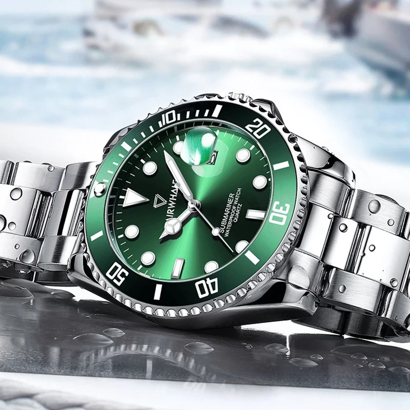 

Мужские кварцевые часы с зеленым водным призраком, светящимся календарем, водонепроницаемые модные мужские часы из нержавеющей стали, деловые мужские наручные часы