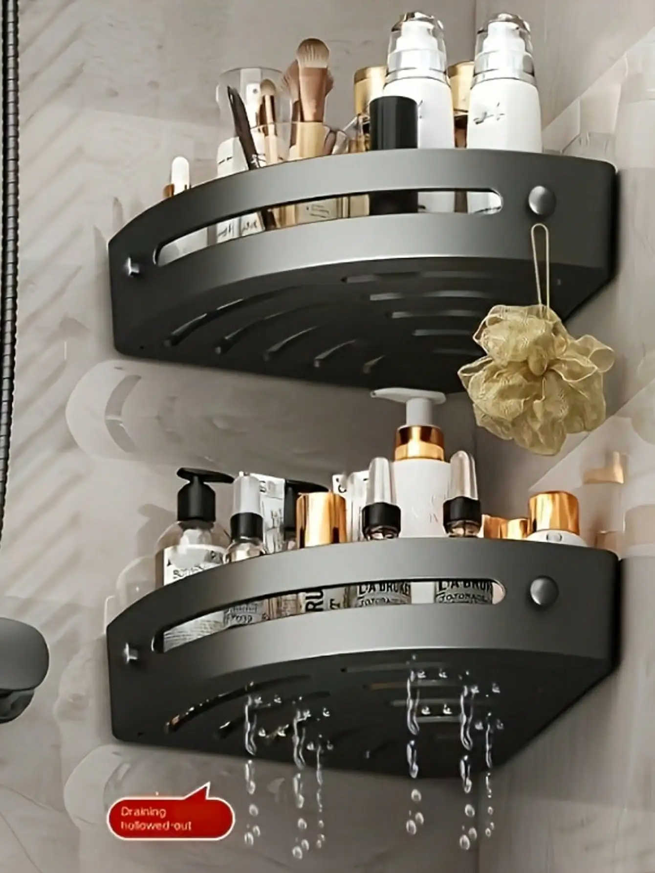 1/2 Stück wandmontierter Eckregal: Schwarzer Badezimmer-Shampoo-Handtuchhalter ohne Bohren