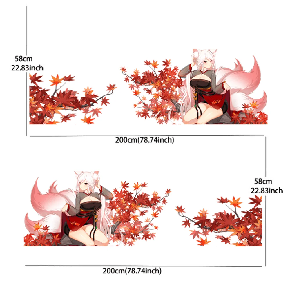 Anime woman in Japanese attire with cherry blossoms falling sitting on maple leaves with a fox tail sticker; car sticker; full b