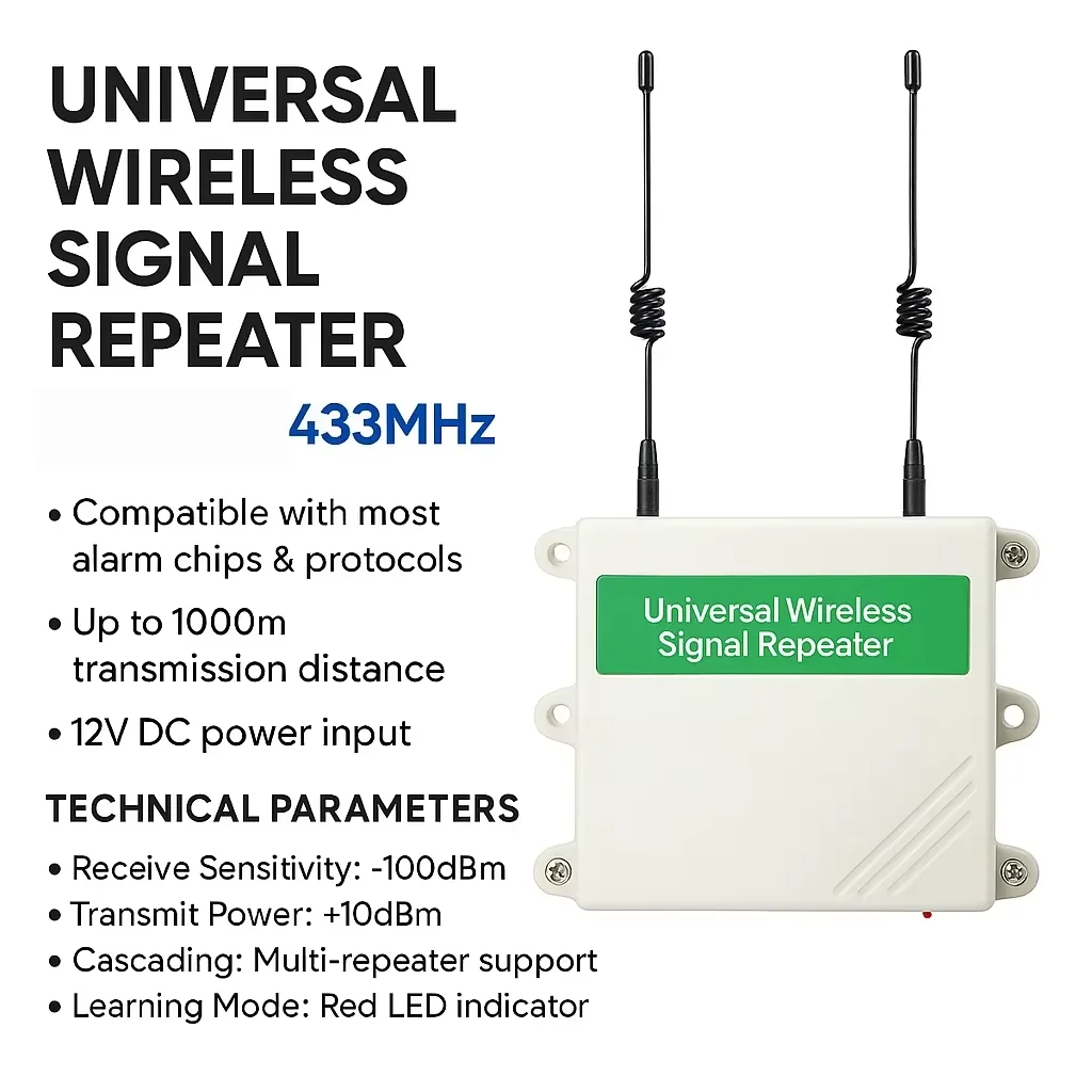 433MHz  Wireless Signal Repeater Extender for Alarm System Remote Control Receiver Transmitter Range Booster DC12V