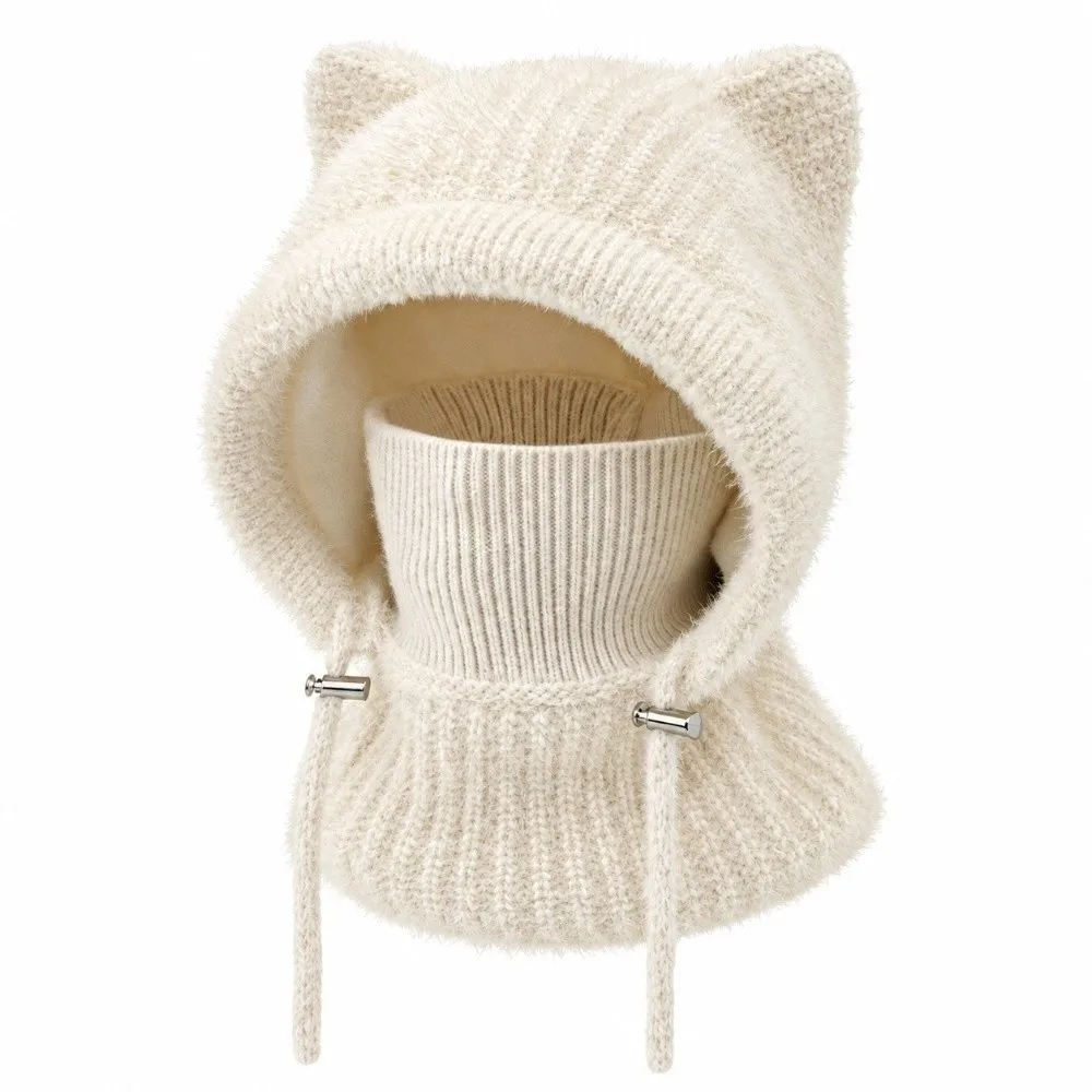 Integrated Winter Hat Windproof Cat Ears Beanie Thickened Crochet Hooded Scarf Hat Cozy Soft Mask Neck Warmer Travel