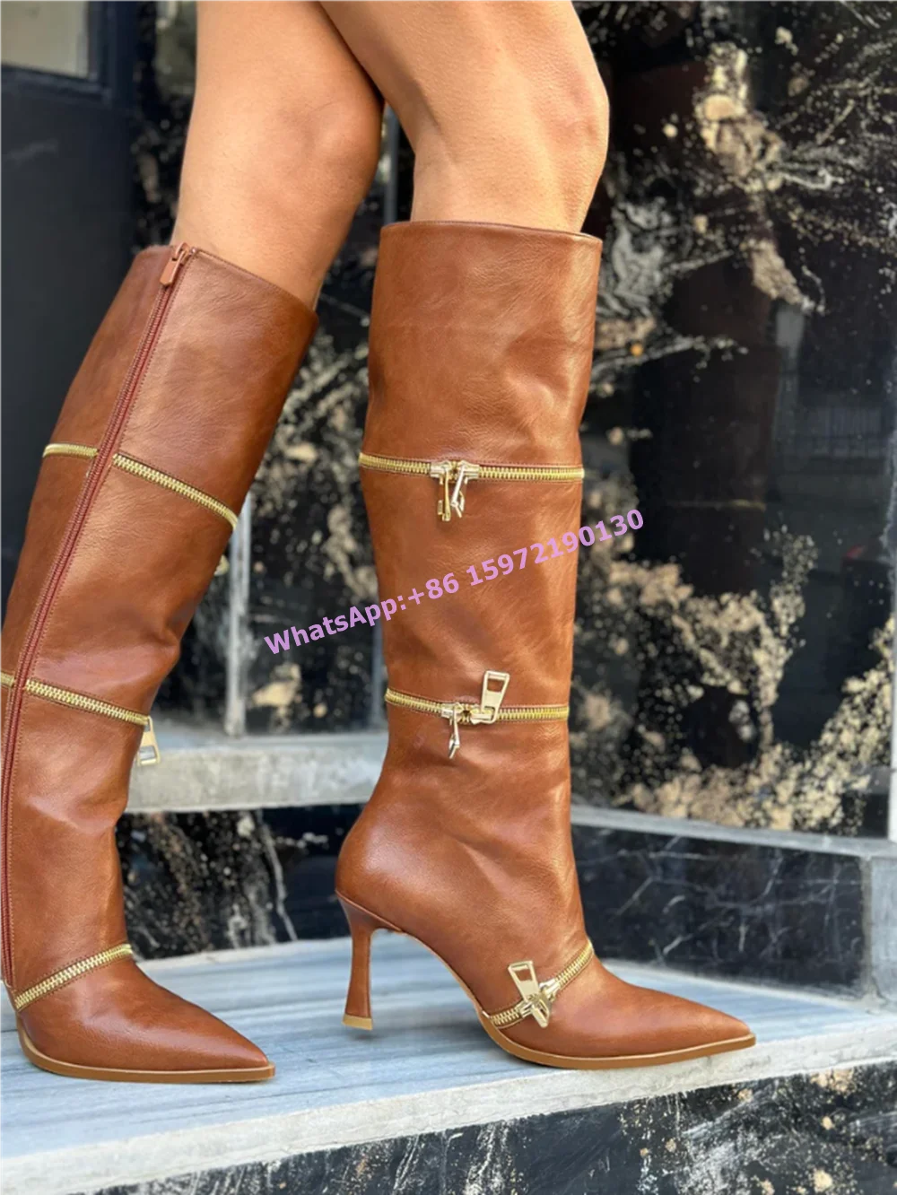 Multi Zipper Knee High Boots Pointy Toe Thin Heels Solid Unique Design Long Boots Black Brown Sexy Winter Shoes 2025 Fashion
