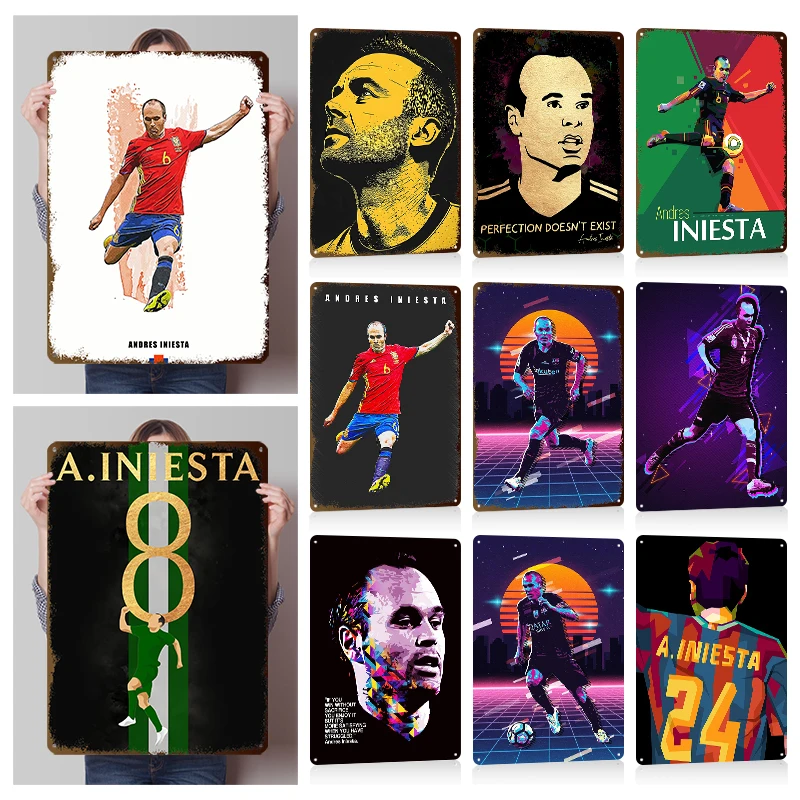 Andrés Iniesta Football Wall Art Metal Posters Customizable Vintage Metal Tin Signs for Man Cave Room Garage Decorations House