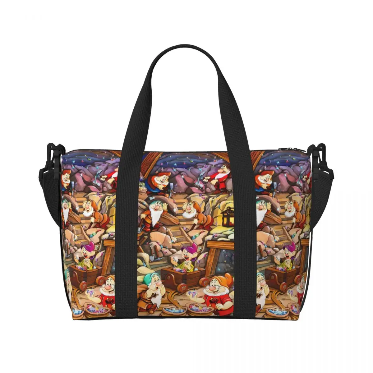 

Custom Snow White And The Seven Dwarfs Beach Tote Bag for Women Extra Large Gym Carry On Animation Travel Shopping Bags