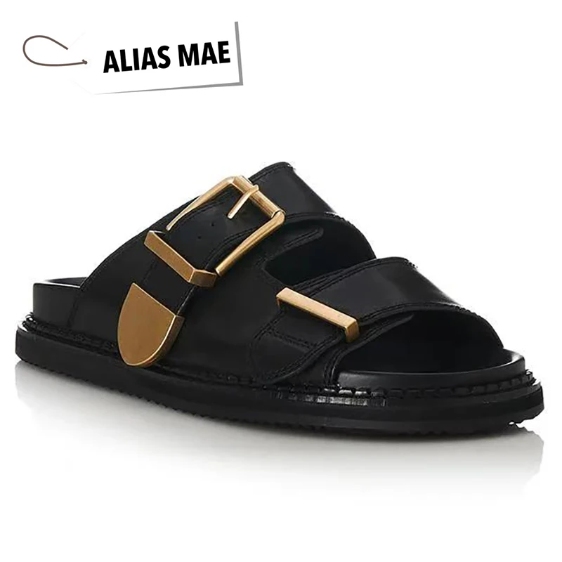 ALIAS MAE2025 Lente Nieuwe Lederen Splicing Stiksels Een Woord Gesp vrouwen Platte Platte Casual Comfortabele Sandalen