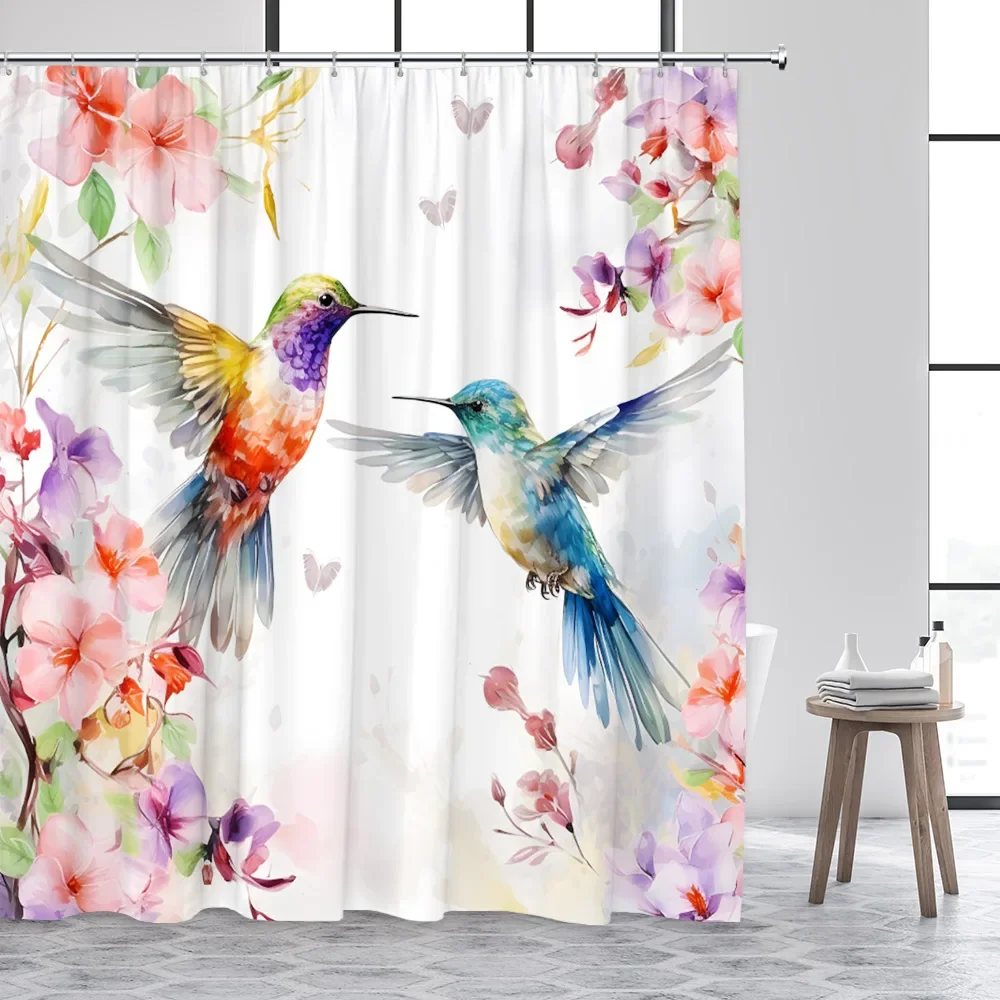 

Hummingbird Shower Curtain Spring Flower Watercolor Farm Plant Green Leaf Butterfly Cute Cat Polyester Fabric Bathroom Decor Set