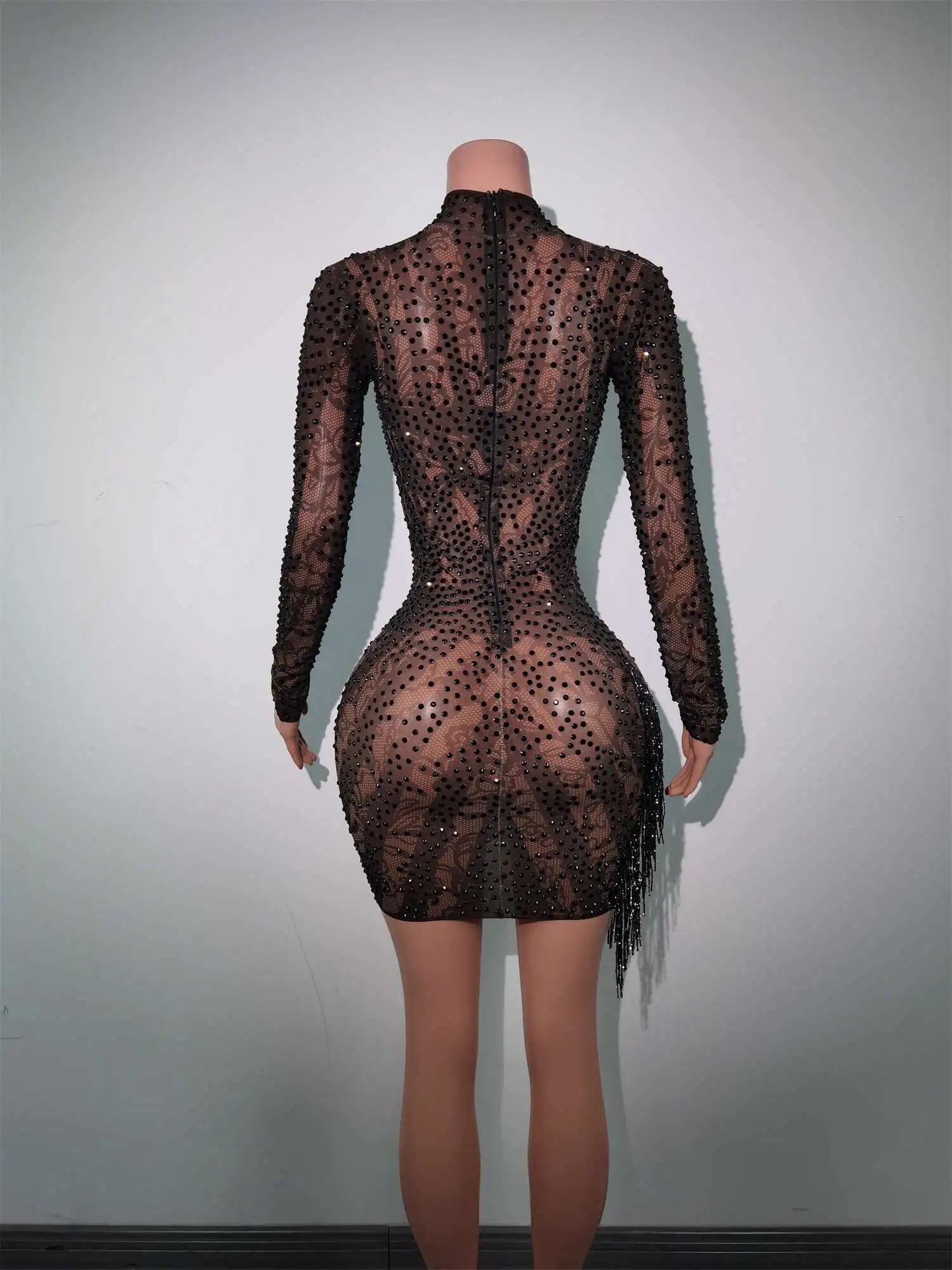 Rotterdam Kly-Robe Courte Noire avec Strass et Pompon pour Femme, Tenue de Soirée Sexy pour Anniversaire, Bal de Promo, Séance Photo, Diban de Scène