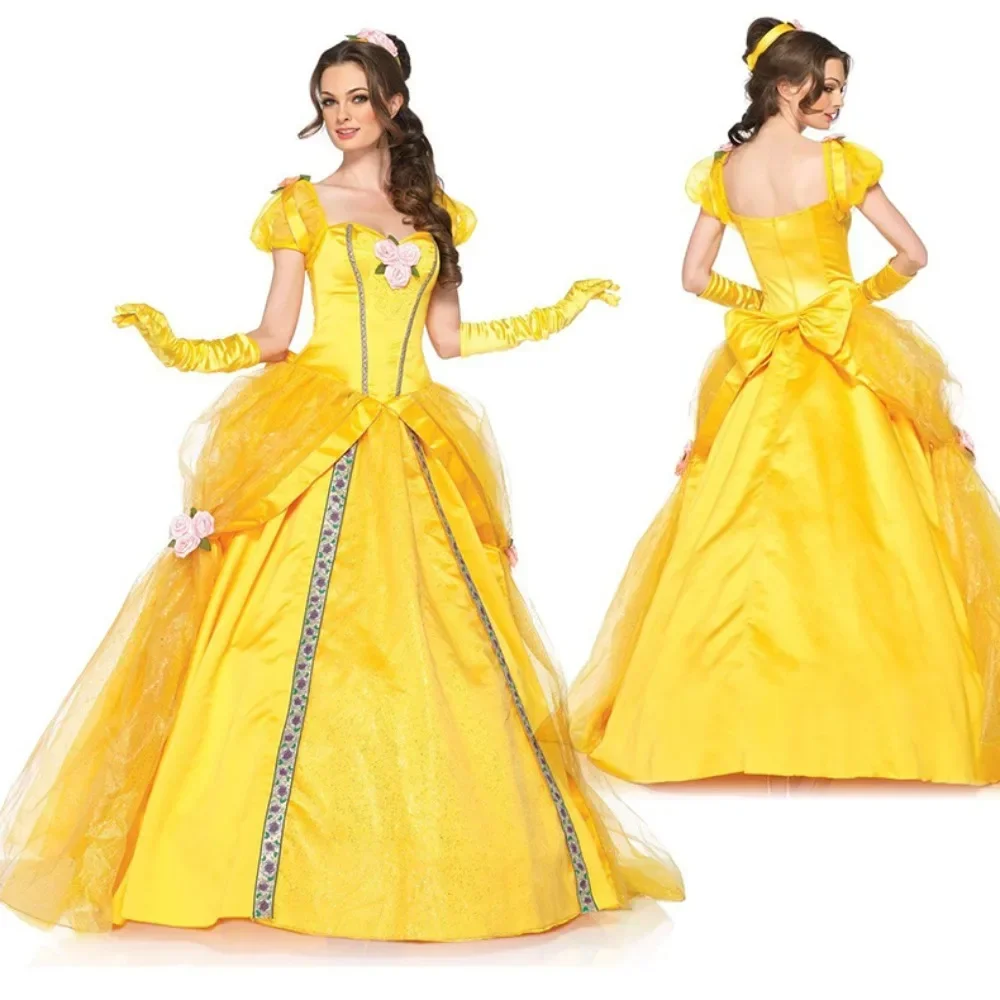 

Movie Beauty with Beast Belles Cosplay Costume Women Yellow Dress Full Set Princess Role Play Suit Halloween Carnival Party