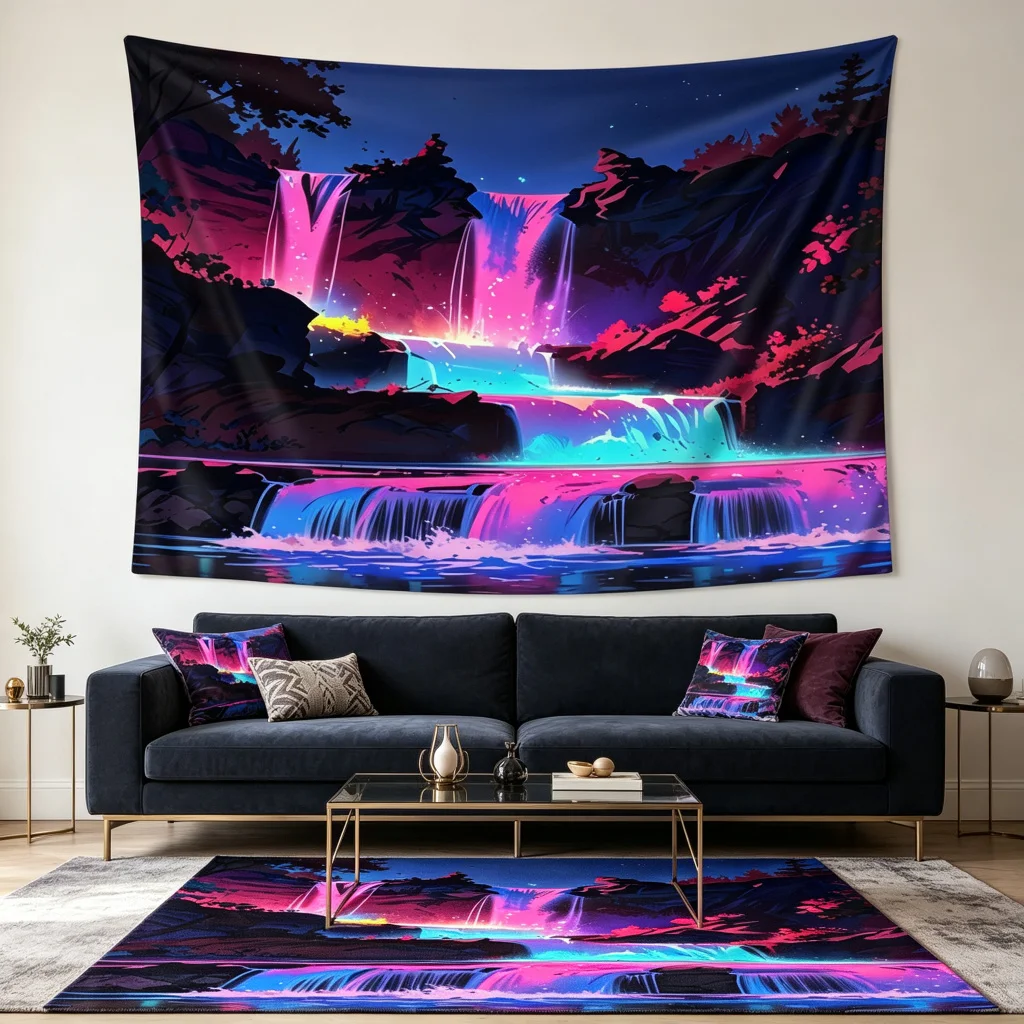 1PC Neon Waterfall Lake Anime Print Backdrop Banner, Bedroom Living Room Photo Background, Polyester, Home Decor, Wall Art