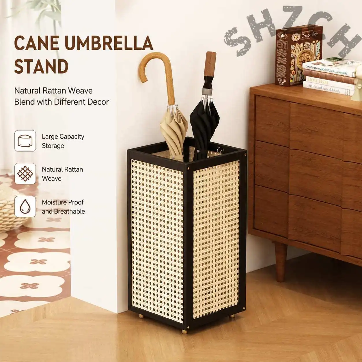 Tall Narrow Freestanding Bamboo Umbrella and Cane Stand for Indoor Entryways