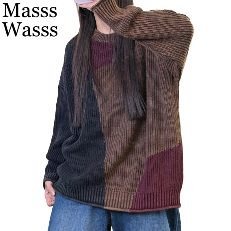 

Masss Wasss Brand Winter Fashion Womens Patchwork Pullover Females Vintage Casual Loose O-neck Sweaters Big Size Cotton Jumpers