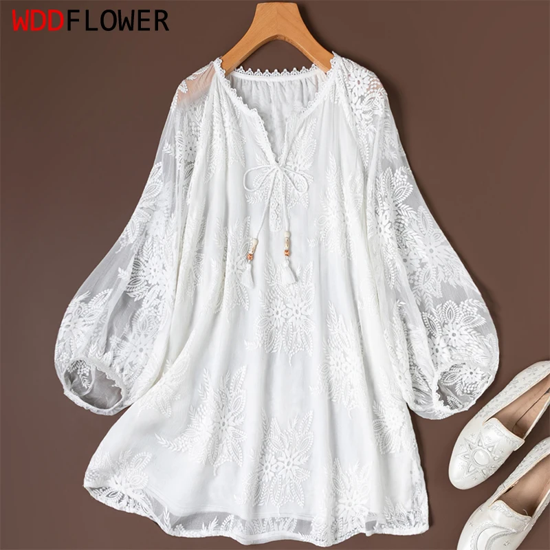 

100% шелковая блузка из тутового шелкопряда, белая, с полной вышивкой, свободного кроя, с V-образным вырезом, рукавом 3/4, с завязками, на подкладке, M1559