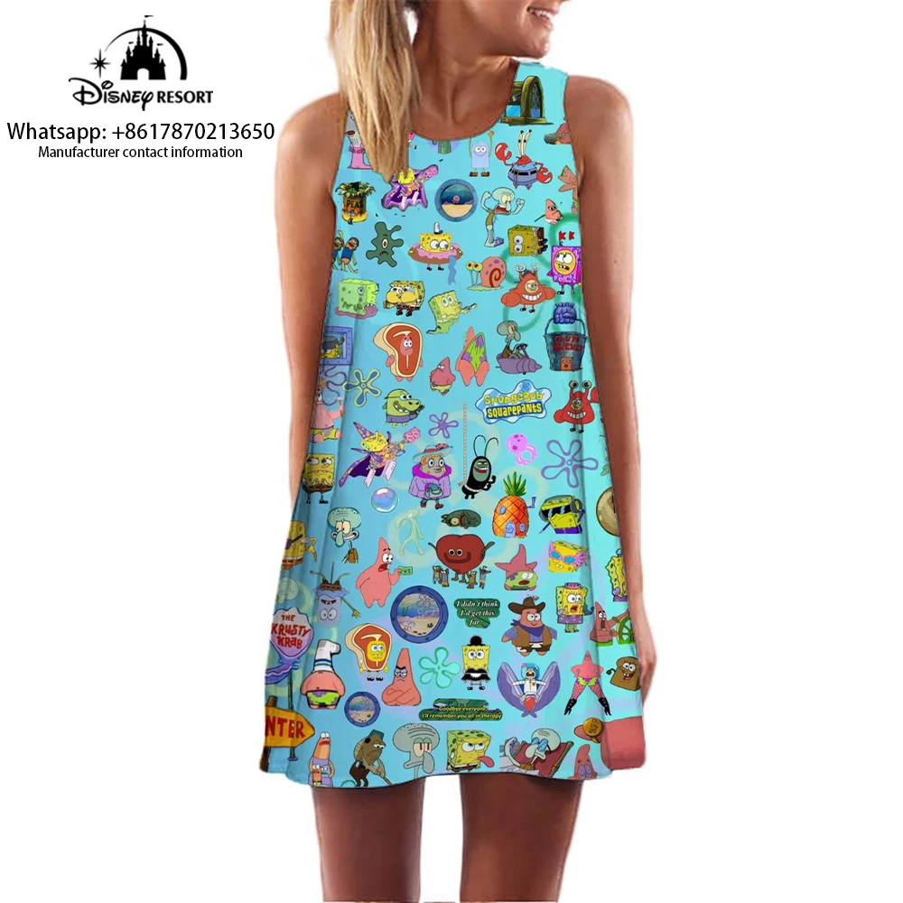 Casual Comfortable Dress SpongeBob Cartoon Dress 3D Cartoon Print Women's Sleeveless Dress Summer 2024 New Style