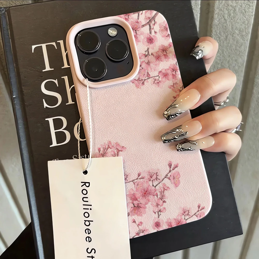 Cherry Blossom Lichee leather pattern Phone Case For Samsung S26 S25 S24 S23 S22 S21 20 S10 Plus FE Ultra 4G 5G Shockproof Cover