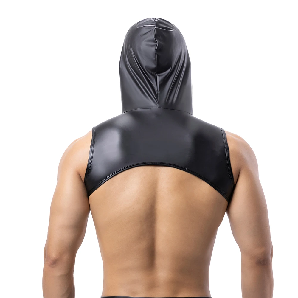 Męskie koszulki fitness ze sztucznej skóry z kapturem Uprząż na klatkę piersiową Bluzy z kapturem Crop Tops Czarna kamizelka z mięśniami Metalowy pierścień Dekor Bez rękawów
