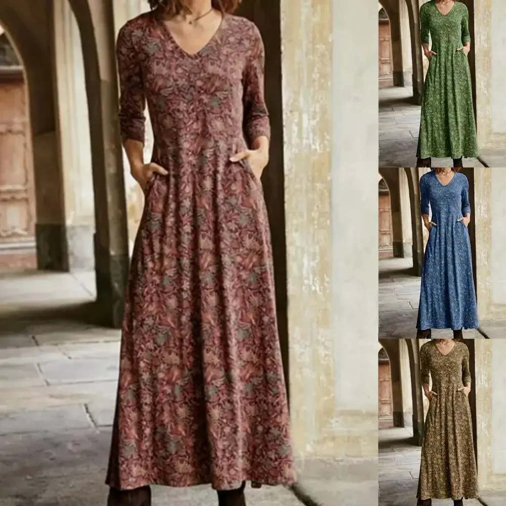 Frauen langes Kleid Blumen druck Ärmel A-Linie Herbst neue elegante Vintage V-Ausschnitt Winterkleider Boho Blumen druck Kleid